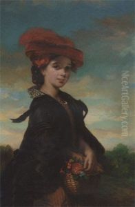 Portrait Of A Young Lady In A Brown Striped Dress And Red Hat, Holding A Basket Of Flowers by Thomas Musgrave Joy