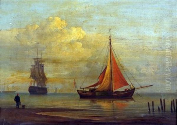 Coastal Scene With Shipping And Figure On The Shore - view 1