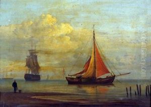 Coastal Scene With Shipping And Figure On The Shore by William Joy