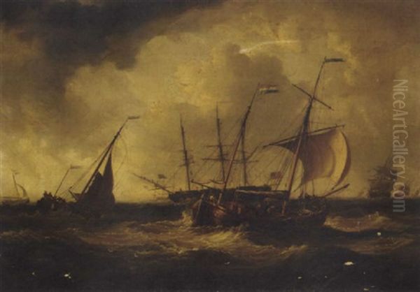 A Frigate Anchored In The Roadsted, Another Following Her In, With Barge Traffic In The Foreground - view 1