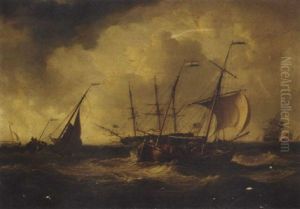 A Frigate Anchored In The Roadsted, Another Following Her In, With Barge Traffic In The Foreground by William Joy