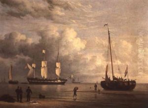 A Beach Scene With A Man O' War Off The Coast And Figures Loading A Barge In The Foreground by William Joy
