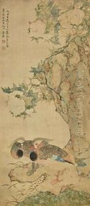 Hibiscus And Mandarin Ducks by Ju Chao
