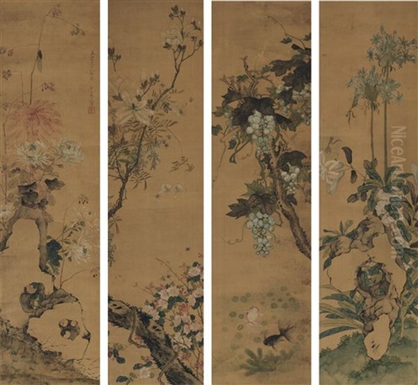 Flowers, Insects And Fish (4 Panels) - view 1