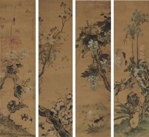 Flowers, Insects And Fish (4 Panels) by Ju Lian
