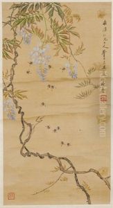 Ju Lian (1828-1904) Bees And Flower by Ju Lian