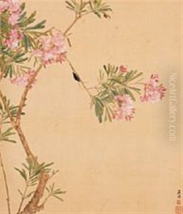 Chinese Scroll Decorated In Colours With Oleander And Two Beetles by Ju Lian