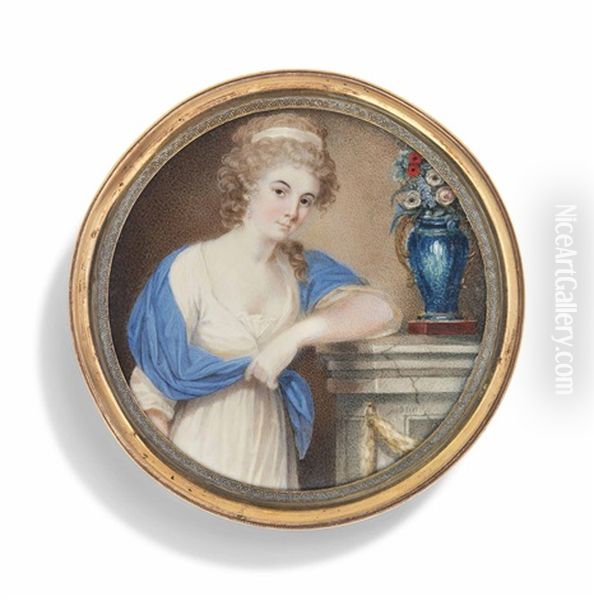 A Young Lady, In White Dress, Blue Shawl Draped Over Her Shoulders, Her Left Arm Leaning On A Plinth Set With A Blue Vase Of Flowers, A White Bandeau In Her Curling Fair Hair - view 1