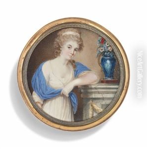 A Young Lady, In White Dress, Blue Shawl Draped Over Her Shoulders, Her Left Arm Leaning On A Plinth Set With A Blue Vase Of Flowers, A White Bandeau In Her Curling Fair Hair by Andre Judlin-Kessler