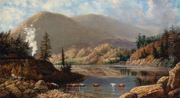 River Landscape With Cows Wading, A Train Passing By - view 1