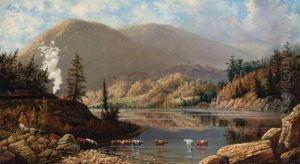 River Landscape With Cows Wading, A Train Passing By