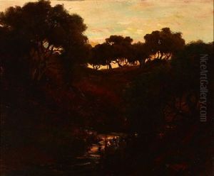 Oak Trees On A Ridgeline, Backlit With Sunset