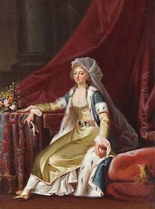 Princess Louise Augusta In A Turkish Dress. Full Length En Face. In A Yellow Dress, Blue Velvet Coat Lined With Ermine by Jens Juel