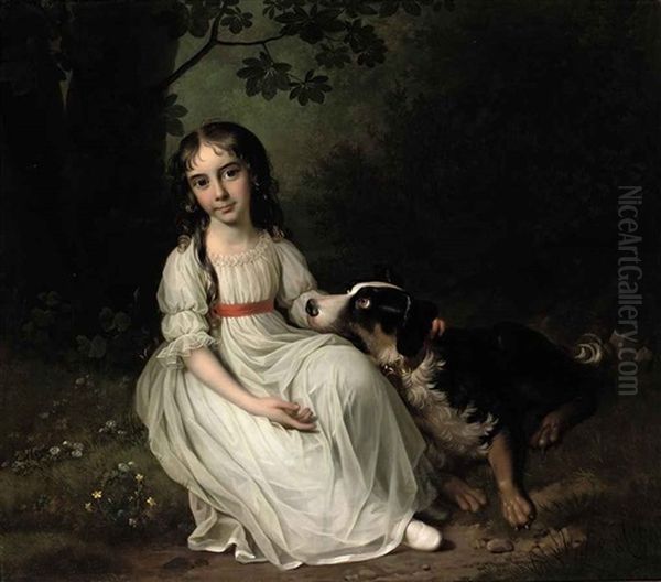 Portrait Of Frederikke Maria Sophia Brockdorff In A White Dress, In A Park Landscape With Her Dog Beside Her - view 1