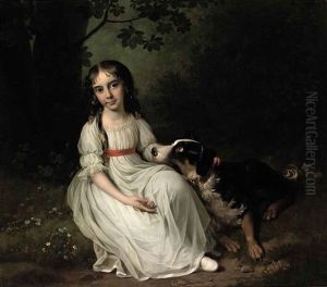 Portrait Of Frederikke Maria Sophia Brockdorff In A White Dress, In A Park Landscape With Her Dog Beside Her Portrait Of Frederikke Maria Sophia Brockdorff In A White Dress, In A Park Landscape With Her Dog Beside Her