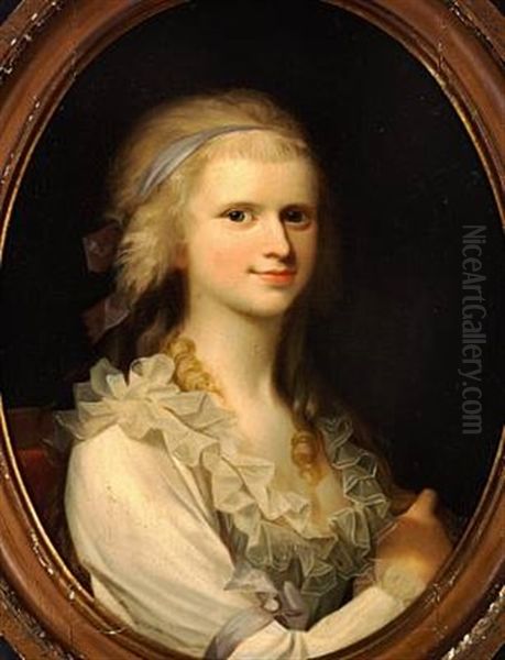 Portrait Of A Young Woman With Blond Hair, Wearing A Creme-colored Dress With A Ruffle Around The Edge Of The Dress - view 1