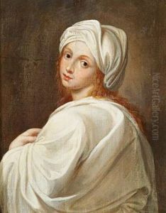 Portrait Of Beatrice Cenci In A White Dress, White Turban, Red Hair, Dark Eyes (after Guido Reni) by Jens Juel