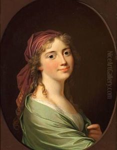 Portrait Of A Young Woman In A White Dress And With Green Silk Shawl And Purple Headscarf Portrait Of A Young Woman In A White Dress And With Green Silk Shawl And Purple Headscarf