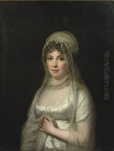Portrait Of A Lady (lady Von Binzer?) In A White Dress And A White Headdress And Veil by Jens Juel