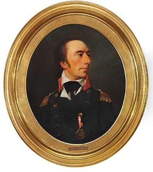 Portraet Af Kontreadmiral Lorenz Fjelderup Lassen I Dobbeltradet Bla Uniform Med Opstaende Rod Krave - view 1