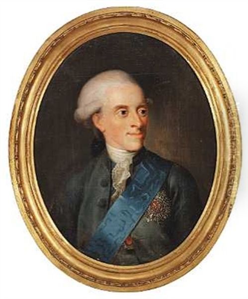 Portraet Af Arveprins Frederik I Grabla Flojlsfrakke, Elefantordenens Bla Band, Stjerne Og Chr. Vii's Orden, Hvidt Halsbind Og Kniplingskros, Paryk Med Todelt Bukkel Og Stor Sort Slojfe I Nakken - view 1
