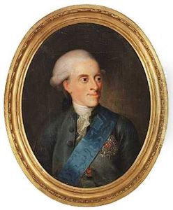 Portraet Af Arveprins Frederik I Grabla Flojlsfrakke, Elefantordenens Bla Band, Stjerne Og Chr. Vii's Orden, Hvidt Halsbind Og Kniplingskros, Paryk Med Todelt Bukkel