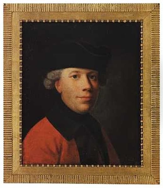 Et Medlem Af Familien Brondsted (mads Sorensen Brondsted?). Brystbillede En Face Mod Hojre. Rod Kjole Med Morke, Gronne Opslag, Sort Krave Og Halsbind - view 1