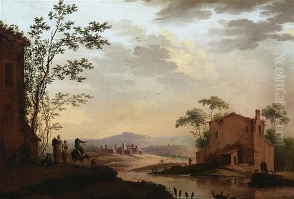 Fluslauf In Weiter Italienischer Hugellandschaft. Vorn Am Ufer Landvolk Vor Katen, Im Mittelgrund Die Silhouette Einer Kleinen Stadt - view 1