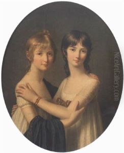 Portrait Of Two Girls Wearing White Dresses, Embracing Each Other
