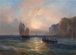 Calm Sea With Ships In The Evening Light by Jean Marie Auguste Jugelet