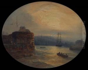 Harbor Scene At Sunset With Various Shipping by Jean Marie Auguste Jugelet