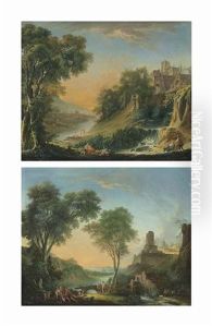 An Extensive River Landscape With Figures Resting By A Waterfall, With A Herder And His Goats; And An Extensive River Landscape With Shepherds And Their Livestock At Rest by Nicolas-Jacques Juliard