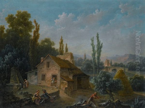 River Landscape With A Farm, With Figures Drawing Water And Chopping Wood - view 1
