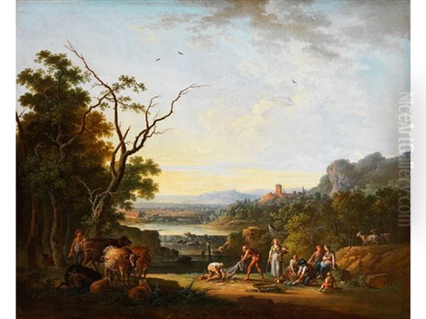 Grosse Ideallandschaft Mit Flusslauf, Hirten Und Fischern - view 1