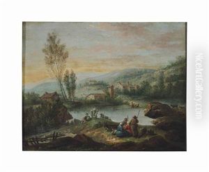 A Village Landscape With Peasants Resting By The River (+ A Companion Painting; 2 Works)