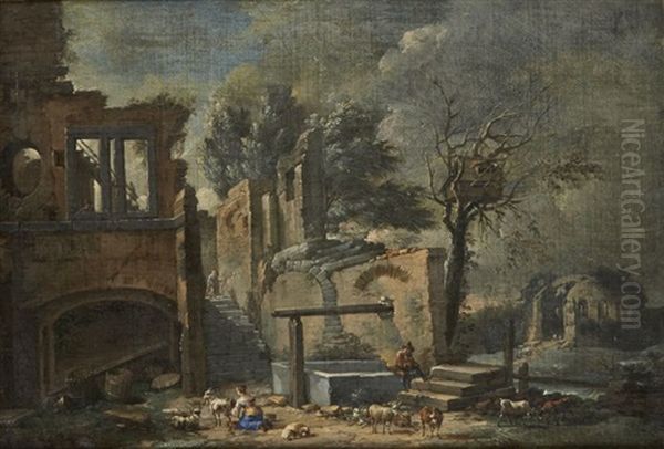 Bergere Et Berger Dans Des Ruines - view 1