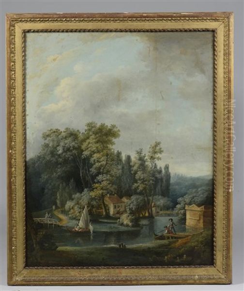 Pecheur Sur Un Etang, Promenade En Barque Sur Un Etang (pair) - view 1