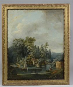 Pecheur Sur Un Etang, Promenade En Barque Sur Un Etang (pair) by Nicolas-Jacques Juliard