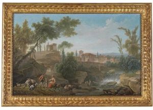 Couple De Bergers Dans Un Paysage De Cascade by Nicolas-Jacques Juliard