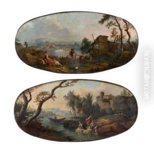 Jeune Femme, Son Enfant Et Bergers Au Bord D'une Riviere (+ Lavandieres Au Pied D'un Piton Rocheux Domine Par Un Chateau; Pair)