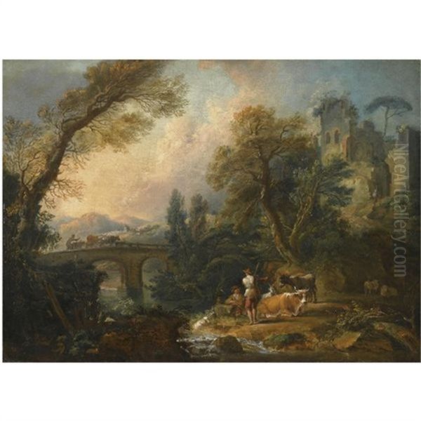 A Pastoral Landscape With Herders And Their Animals Resting Beside A River, A Bridge Beyond - view 1