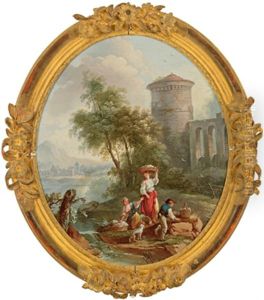 Zwei Wascherinnen Und Ein Angler An Einem Sturzbach In Einer Bewaldeten Landschaft by Nicolas-Jacques Juliard