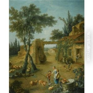 A Young Shepherdess And Children In A Farmyard ( Collab. W/ Pierre Joulliain) by Nicolas-Jacques Juliard