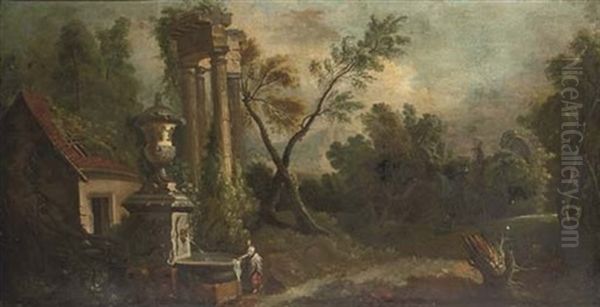 A Wooded Landscape With A Woman Washing At A Fountain, By A Ruined Temple - view 1