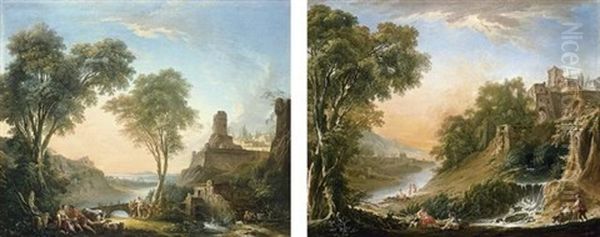Figures Resting On The Banks Of A River, A Bridge In The Distance (+ Figures Resting, A Waterfall In The Foreground; Pair) - view 1