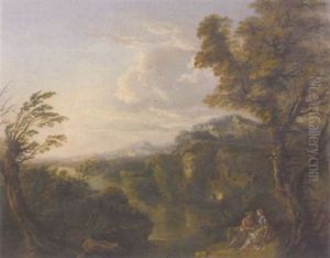 An Extensive River Landscape With A Couple Courting On A Bank by Nicolas-Jacques Juliard