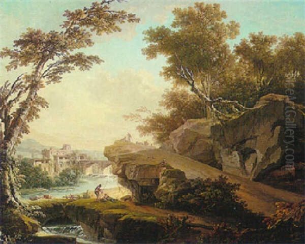 Rocky River Landscape With Figures Near A Bridge - view 1