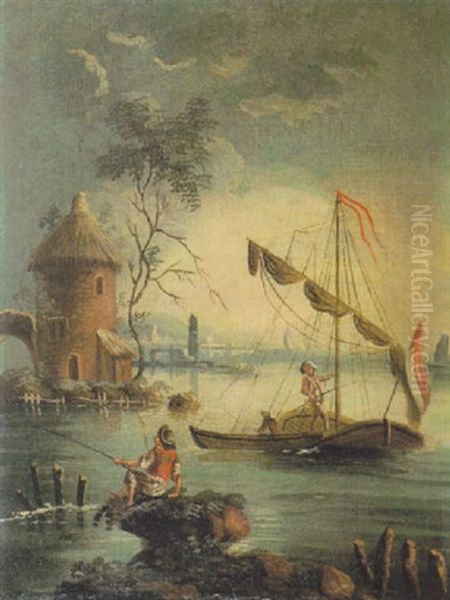 Paysage Lacustre Avec Pecheurs En Barque - view 1