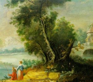 Paysage Fluvial Avec Couple De Pecheurs A La Ligne Paysage Fluvial Avec Couple De Pecheurs A La Ligne