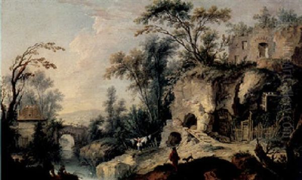 A Rocky River Landscape With Ruins, A Washerwoman Hanging Up Her Laundry, Fishermen And Other Figures - view 1
